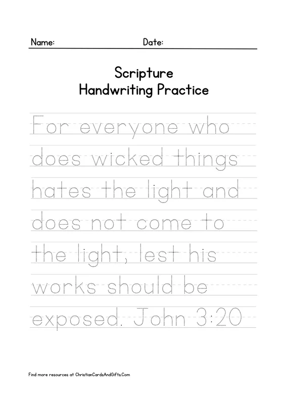 John 3:20 Scripture Handwriting Practice