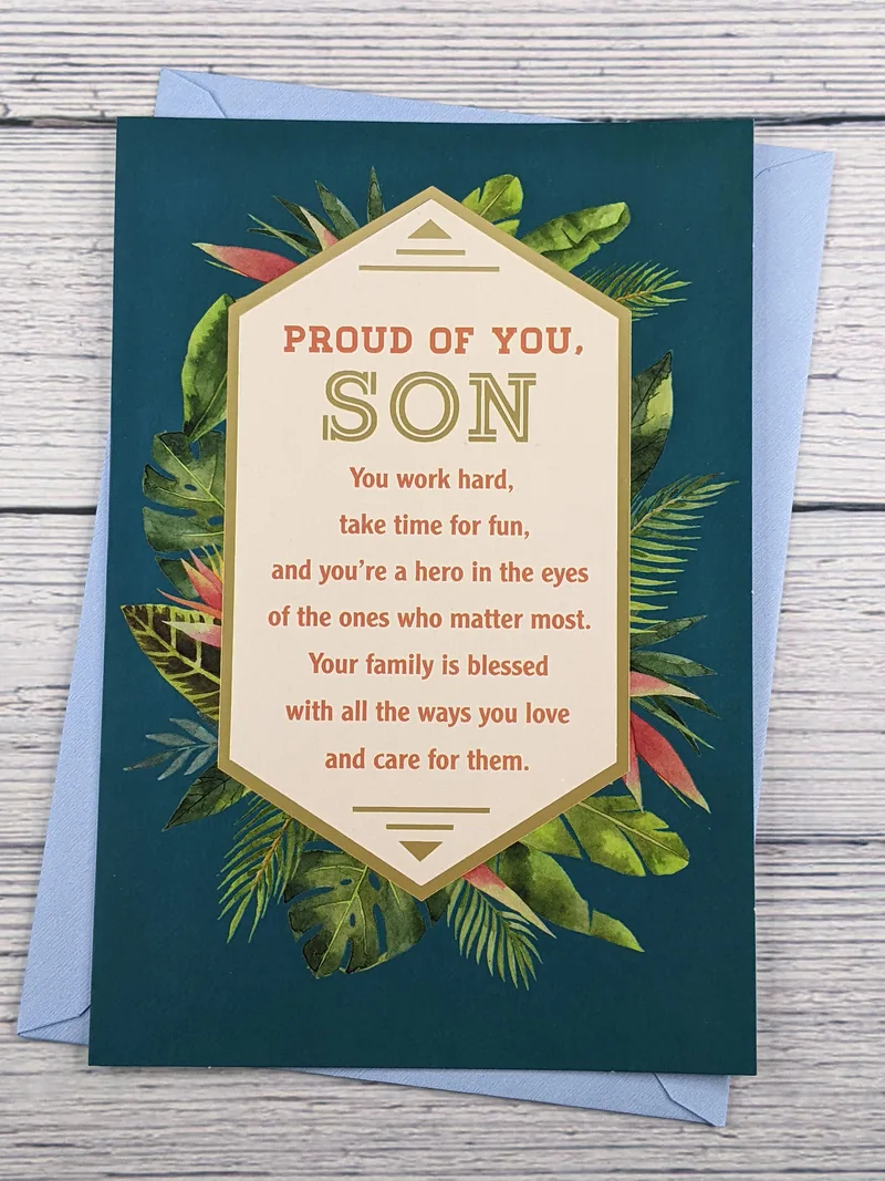 A religious Father's Day card for a son, made by DaySpring, with a teal cover featuring images of leaves.