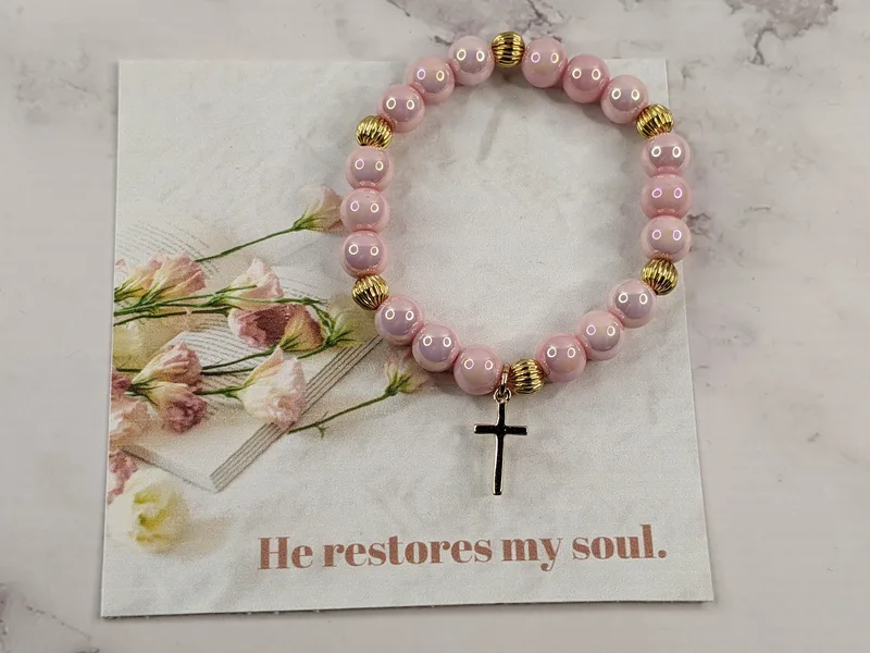 He Restores My Soul Pink Bracelet with Cross