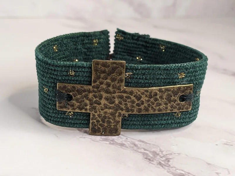 Green Corduroy Cross Bracelet Cuff