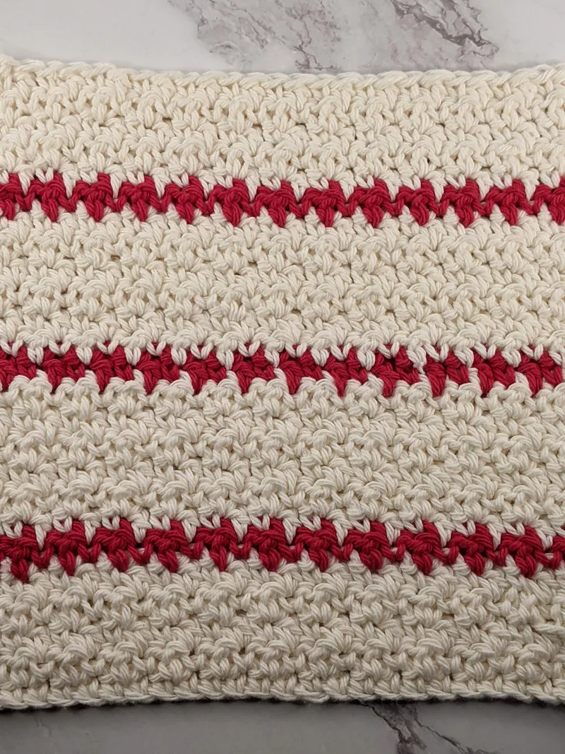 Cream & Red Striped Crocheted Dishcloth