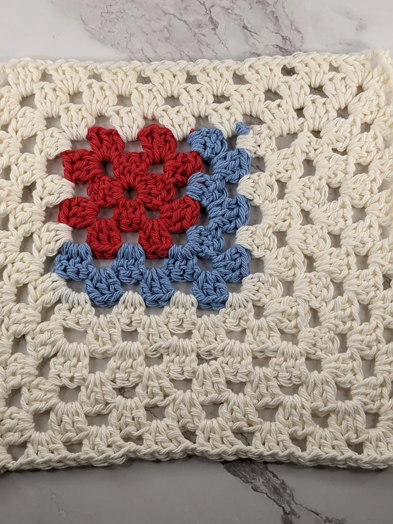 Cream Blue & Red Crocheted Dishcloth