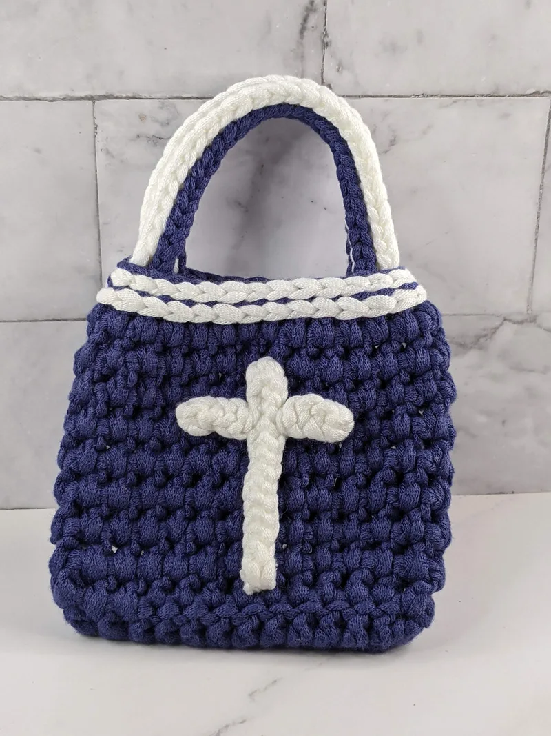 Small Crocheted Gift Bag with Cross