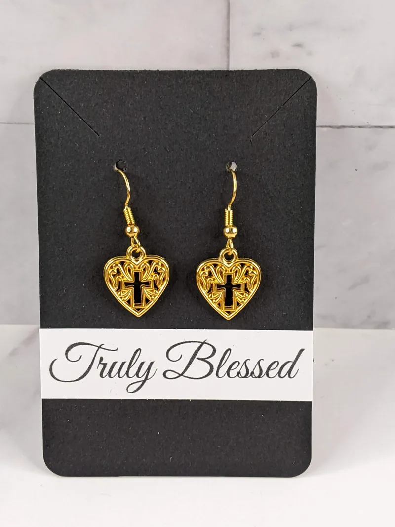 Truly Blessed Cross Heart Earrings - Gold