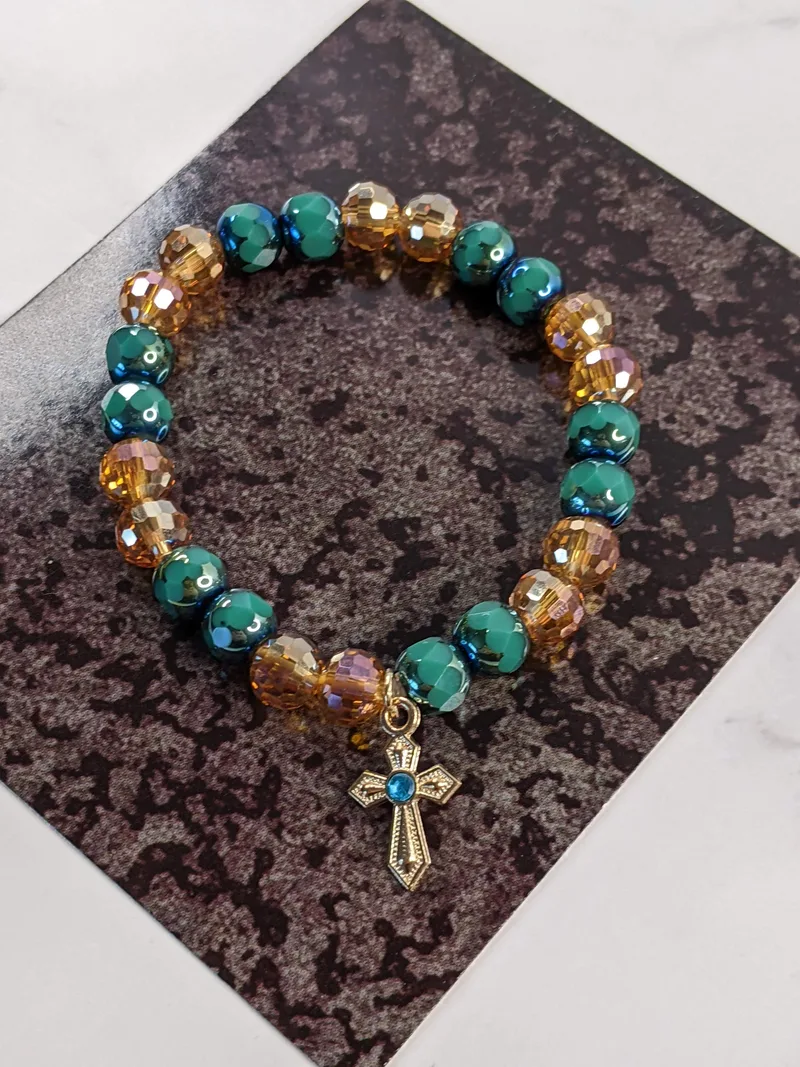Teal & Gold Stretch Bracelet with Cross Charm