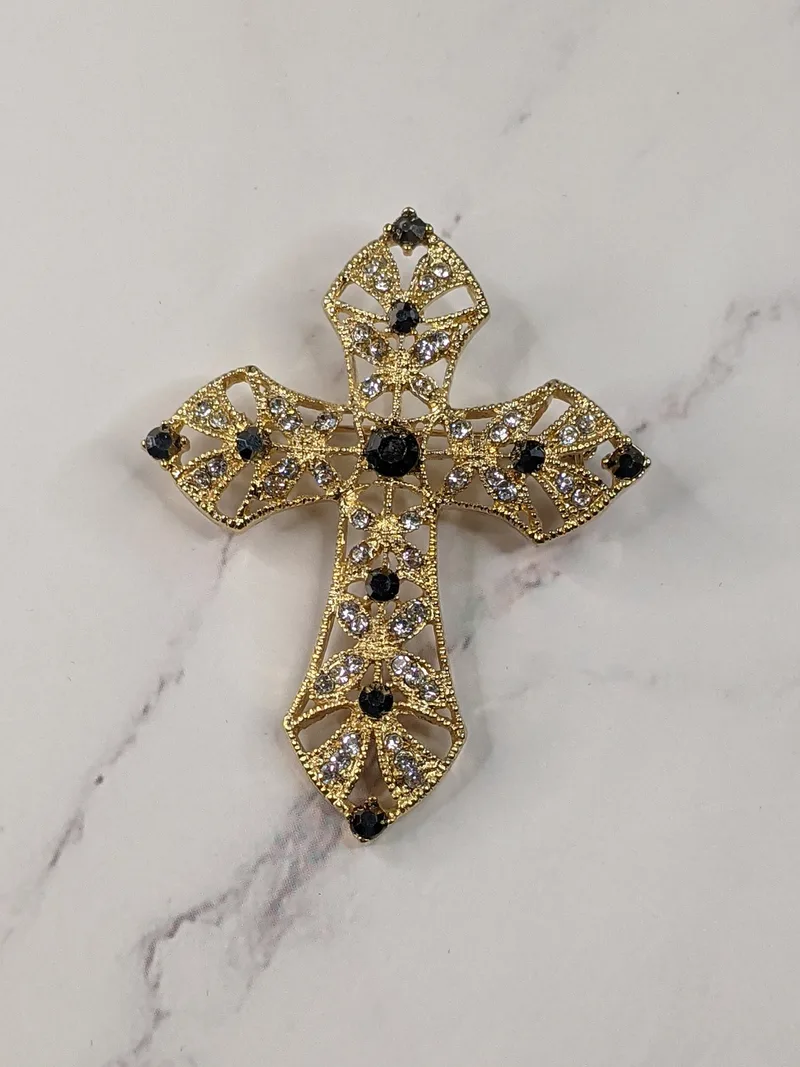 Metal Cross Brooch with Gems