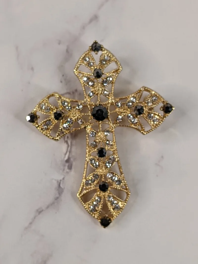 Metal Cross Brooch with Gems